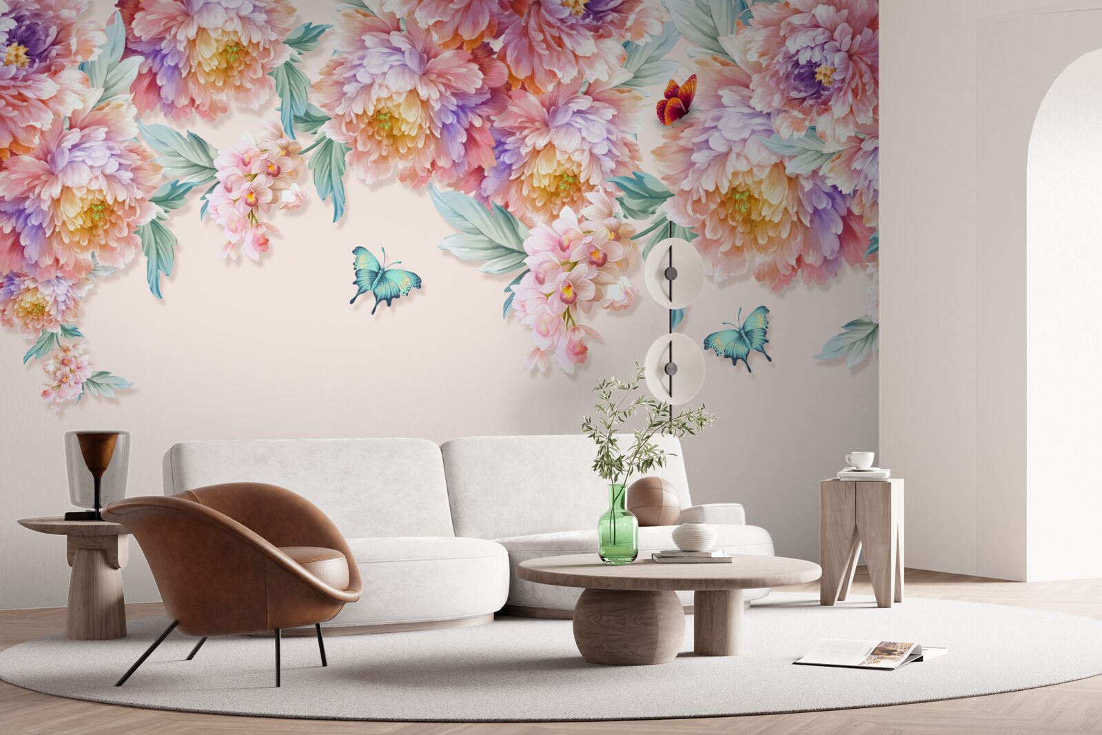 Papier peint des fleurs de toutes les nuances et des papillons en chute libre