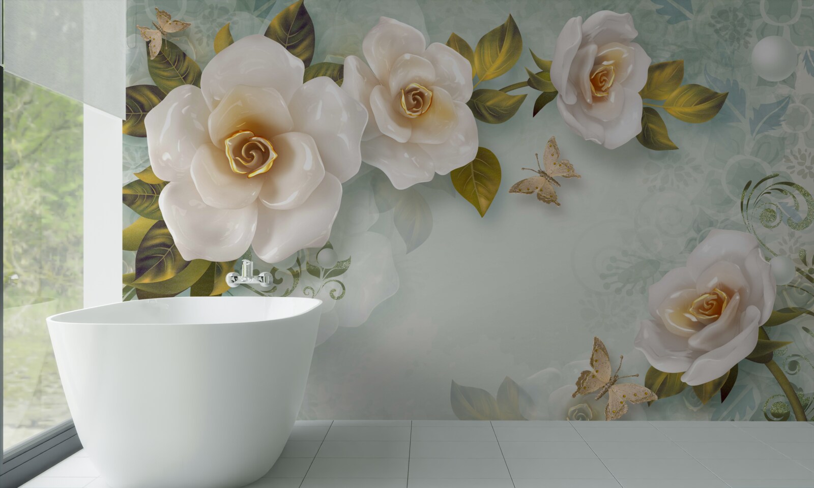 Papier peint des fleurs blanches qui s'épanouissent sur les branches et des papillons qui voltigent