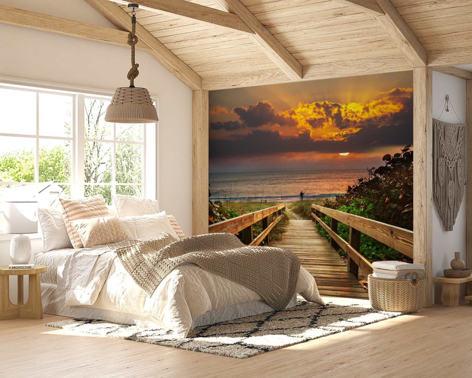 Papier peint le soleil se couche sous l'horizon au bord de la mer