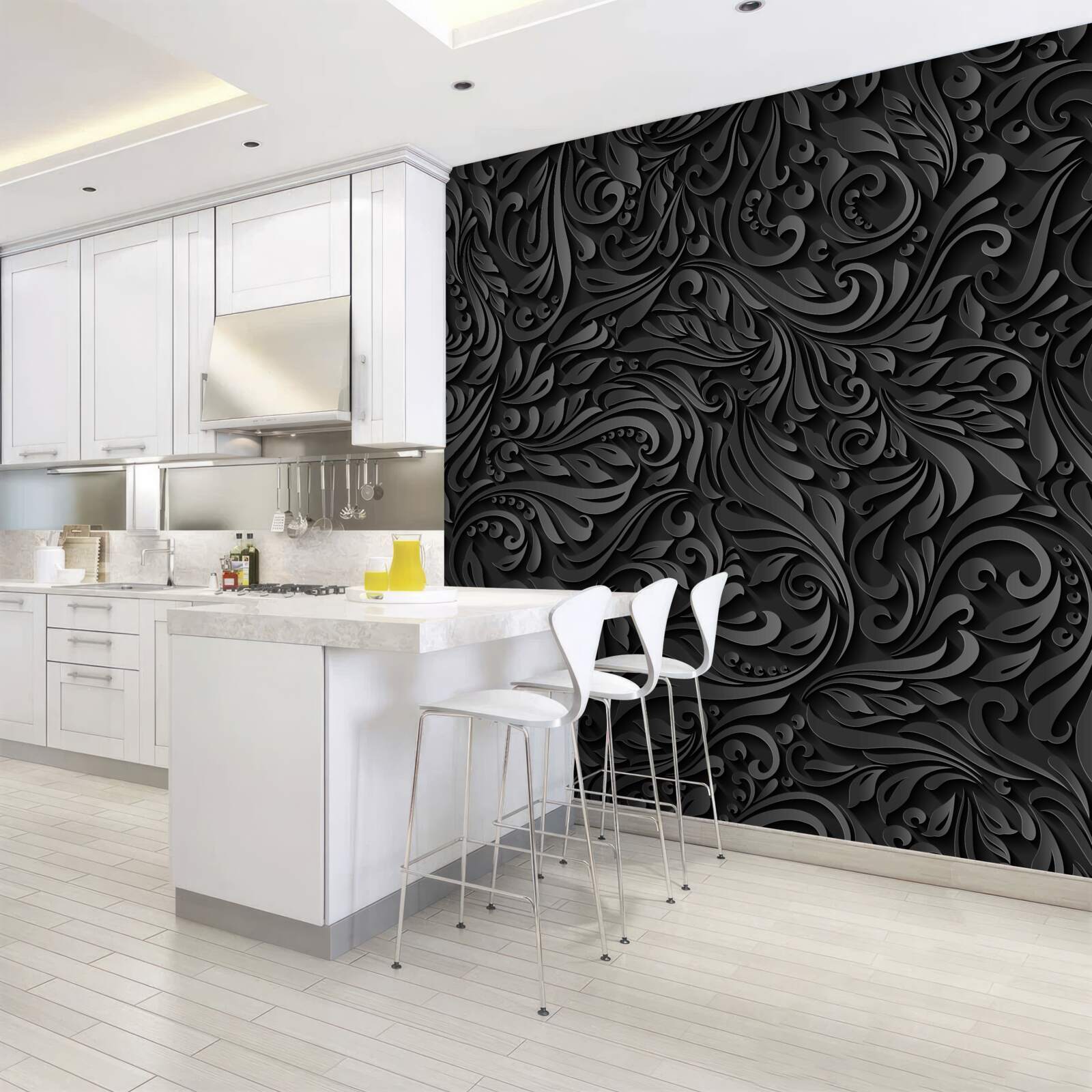 Papier peint lignes noires ajourées en forme de motifs floraux