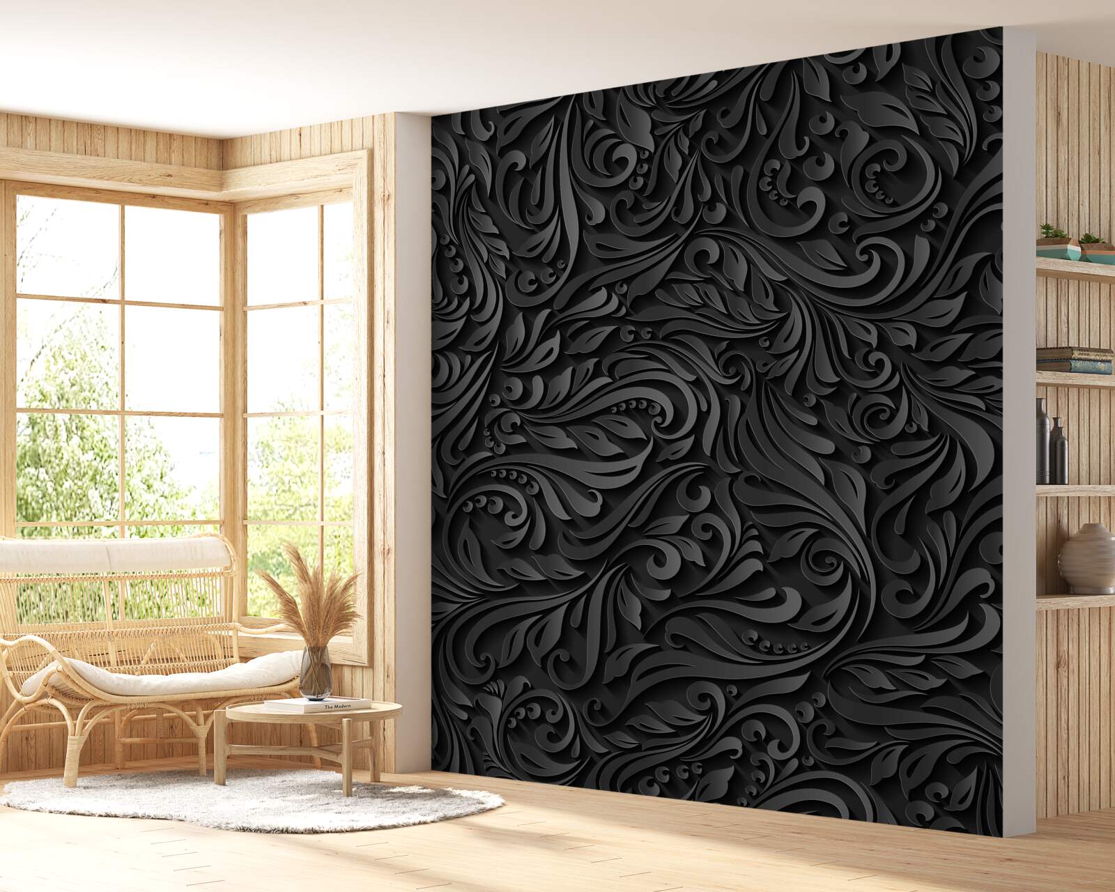 Papier peint lignes noires ajourées en forme de motifs floraux