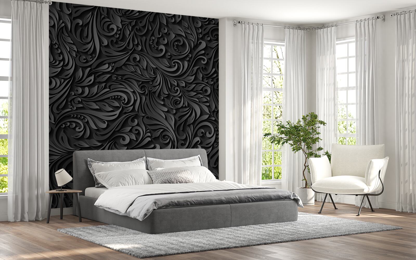 Papier peint lignes noires ajourées en forme de motifs floraux