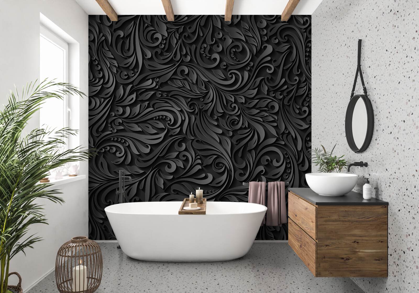 Papier peint lignes noires ajourées en forme de motifs floraux