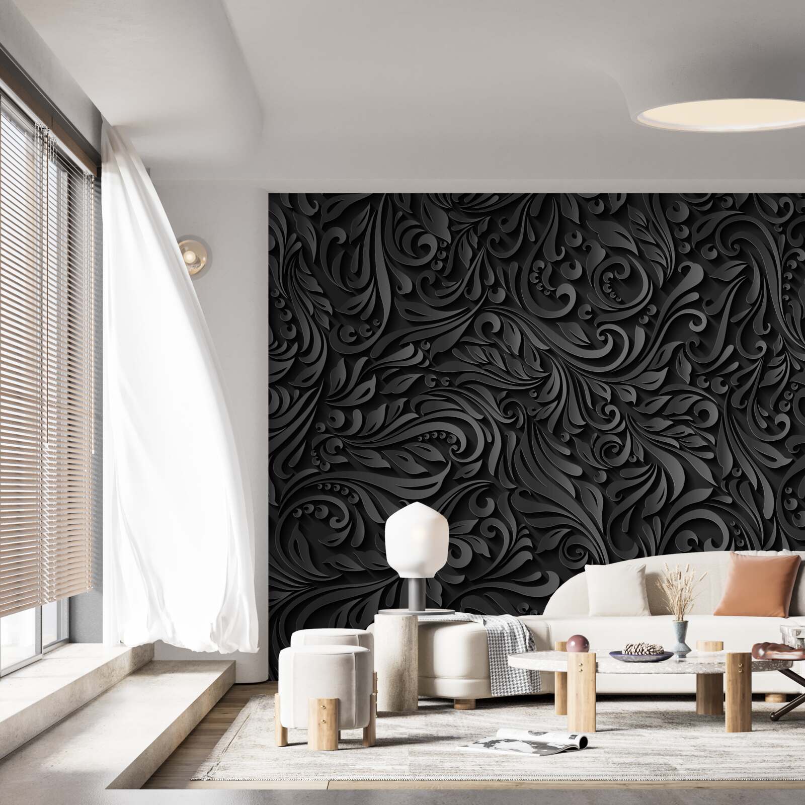 Papier peint lignes noires ajourées en forme de motifs floraux