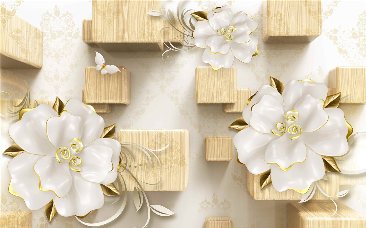 Papier peint accents dorés sur des fleurs blanches placées sur des cubes en bois