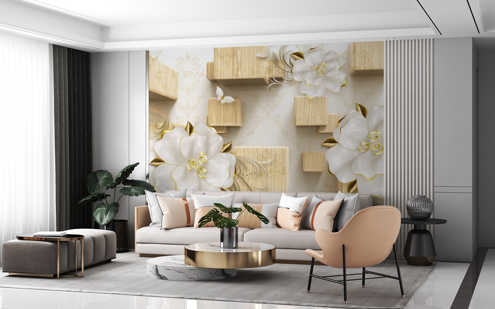 Papier peint accents dorés sur des fleurs blanches placées sur des cubes en bois