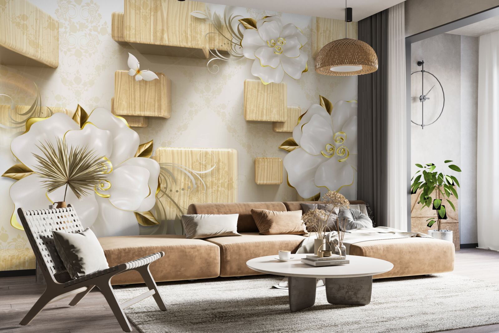 Papier peint accents dorés sur des fleurs blanches placées sur des cubes en bois