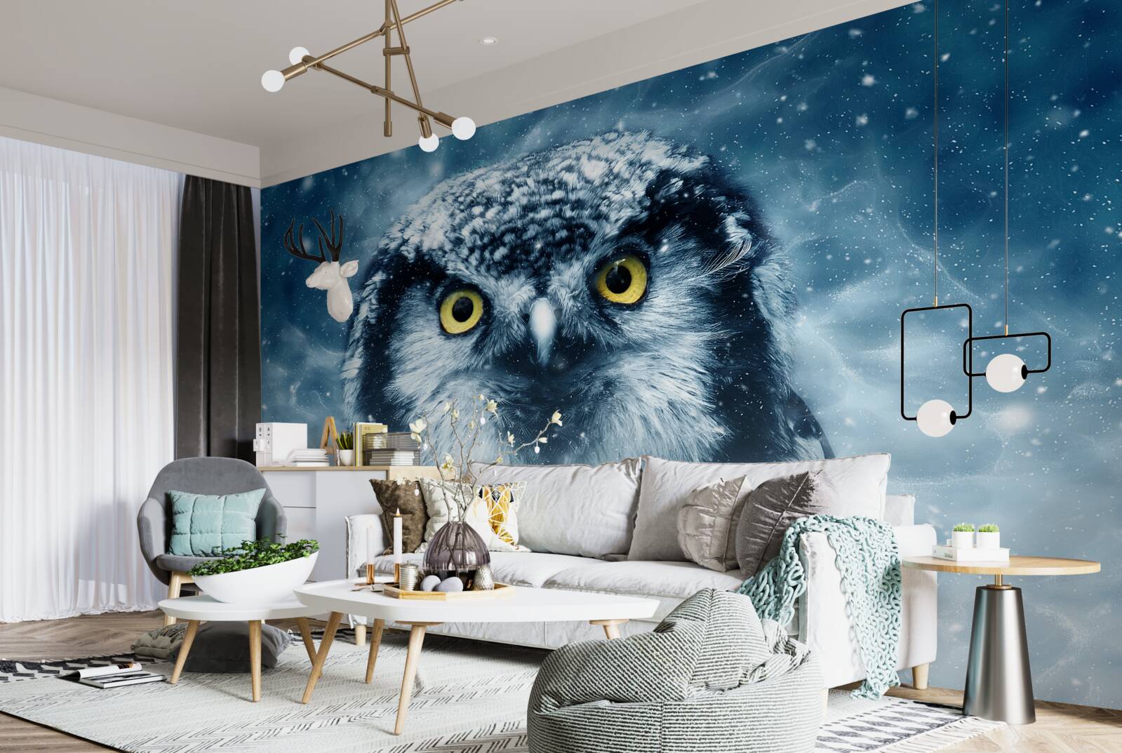 Papier peint en hiver, un grand hibou aux yeux dorés