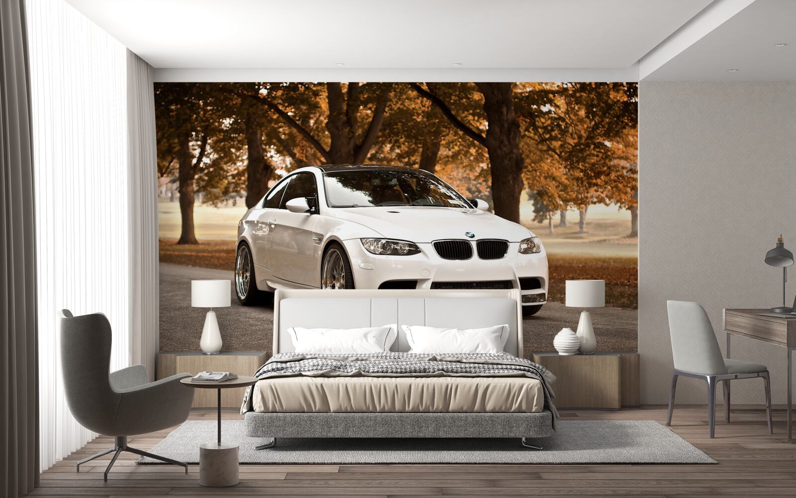 Papier peint une bmw blanche roule sur la route en automne