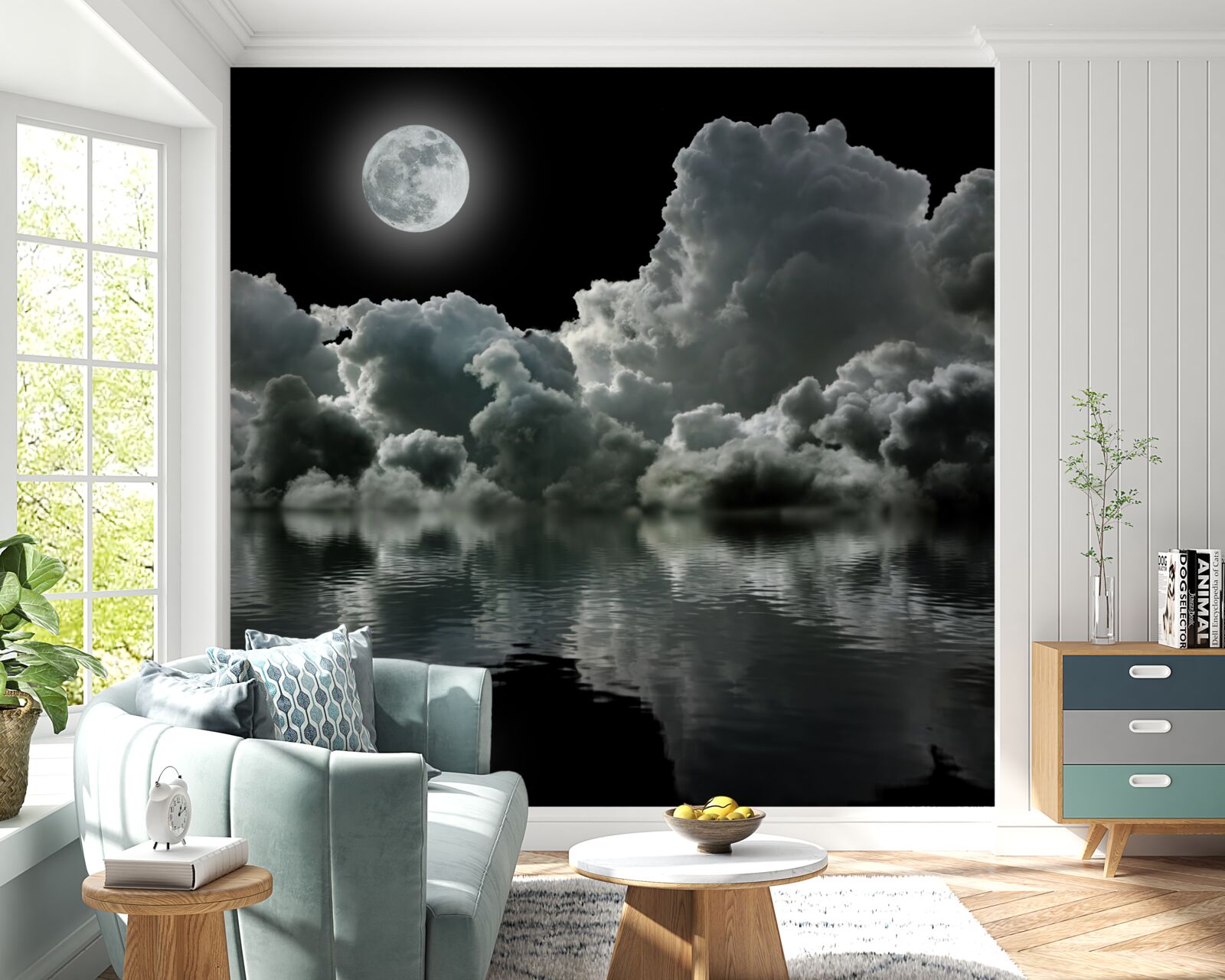 Papier peint la lune dans son plein éclat se reflète dans l'eau parmi les nuages