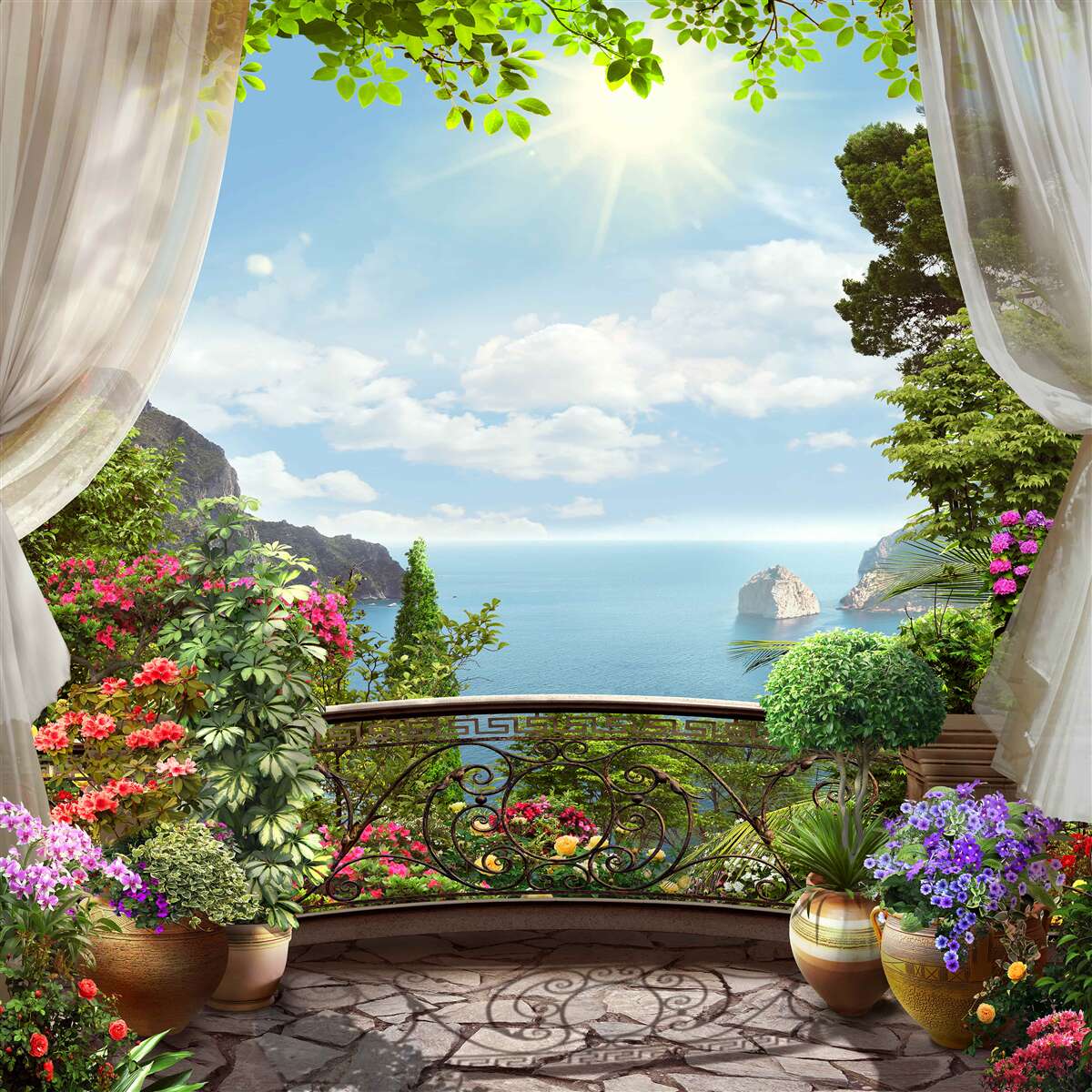 Papier peint Depuis le balcon, vous pouvez voir l'océan s'étendre à l'horizon et les falaises abruptes.
