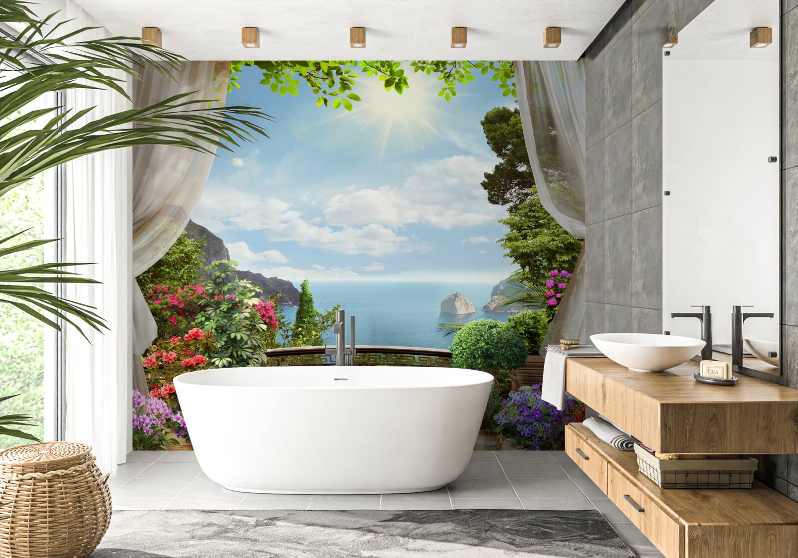 Papier peint Depuis le balcon, vous pouvez voir l'océan s'étendre à l'horizon et les falaises abruptes.