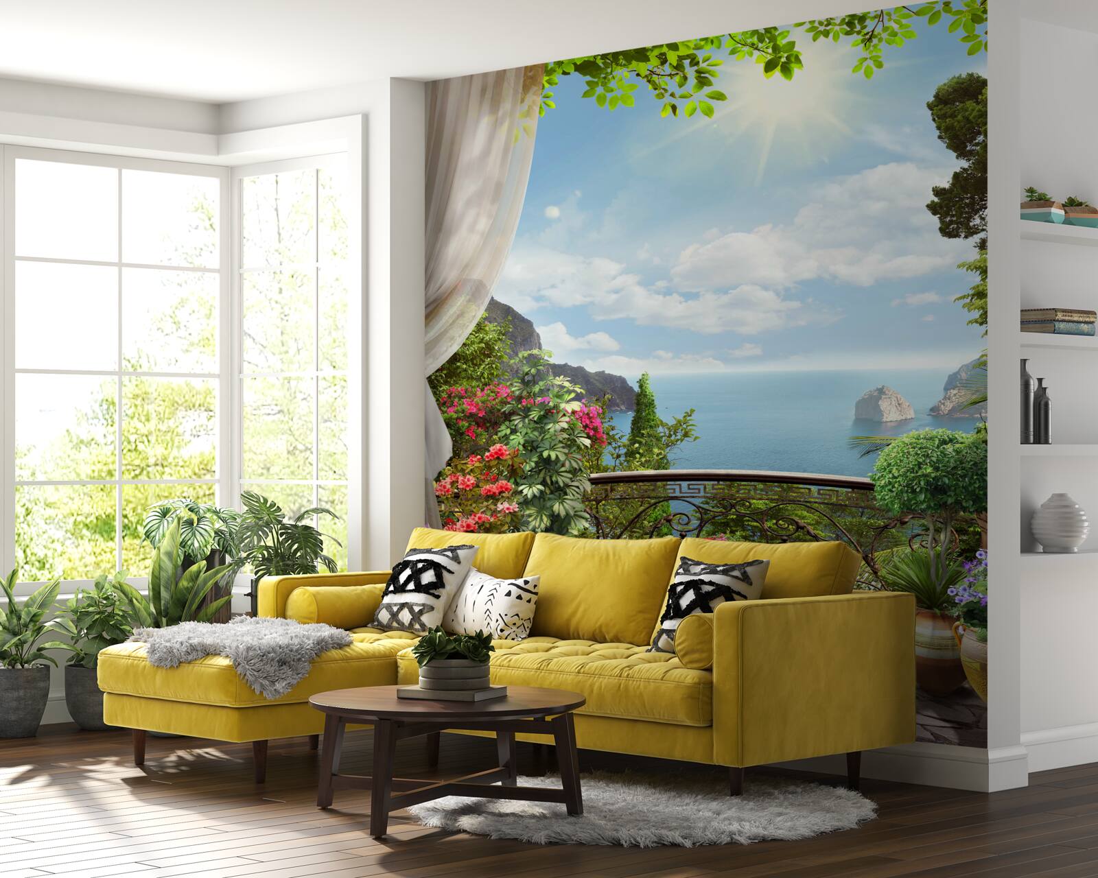 Papier peint Depuis le balcon, vous pouvez voir l'océan s'étendre à l'horizon et les falaises abruptes.