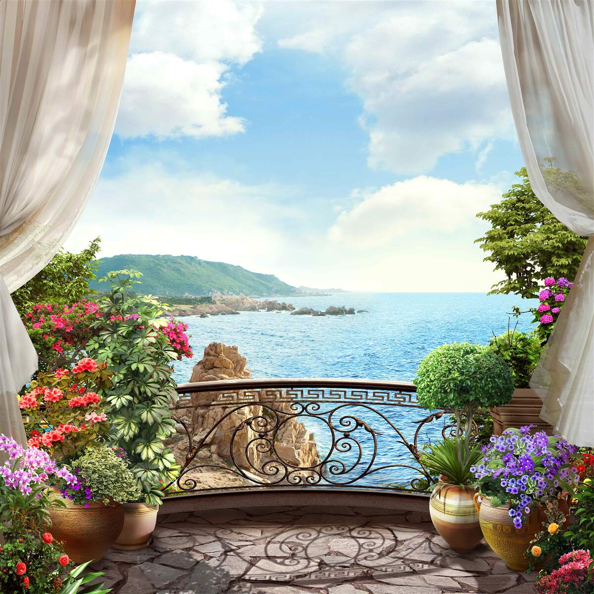 Papier peint loggia avec vue pittoresque sur l'océan