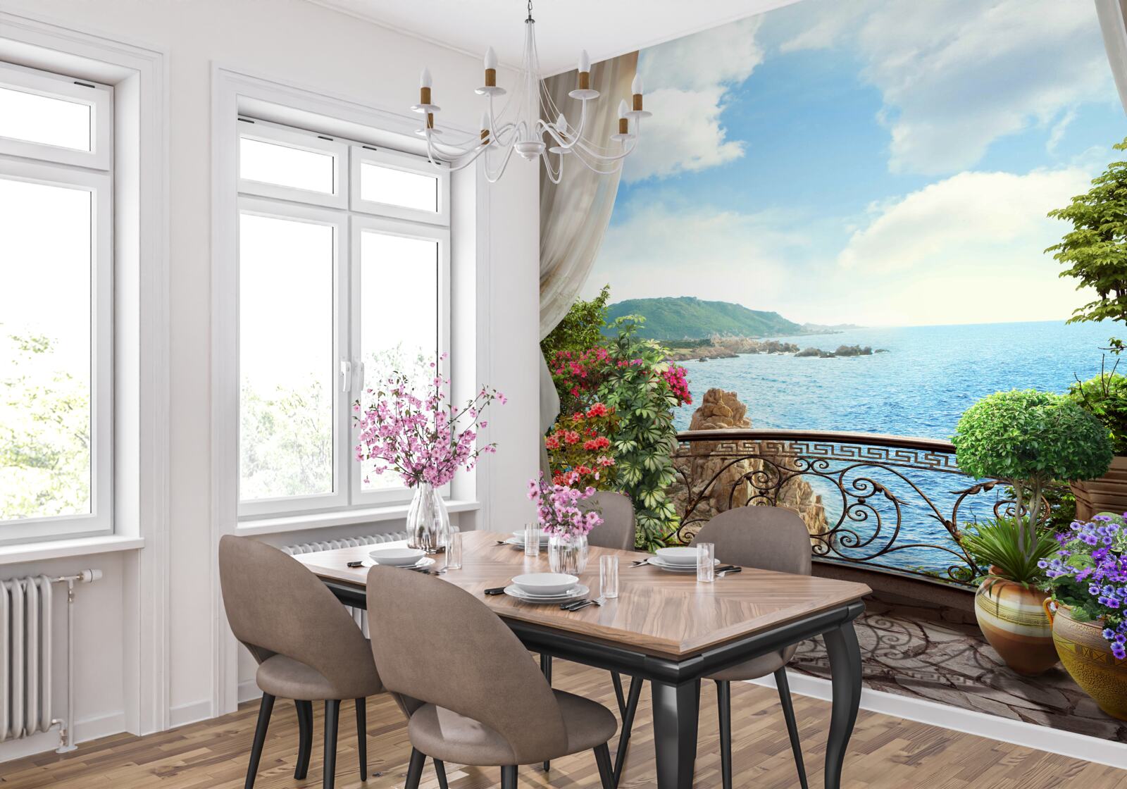 Papier peint loggia avec vue pittoresque sur l'océan