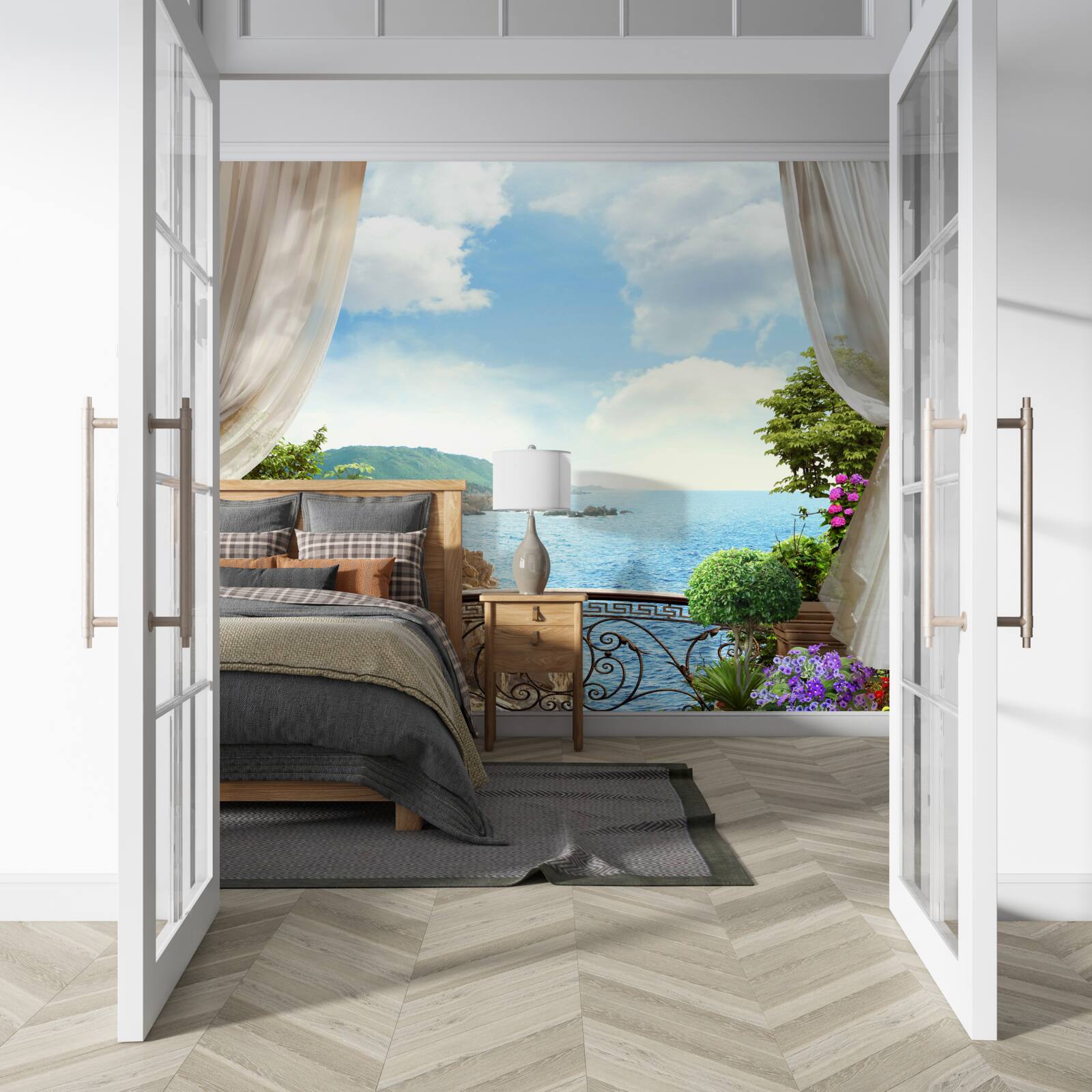 Papier peint loggia avec vue pittoresque sur l'océan