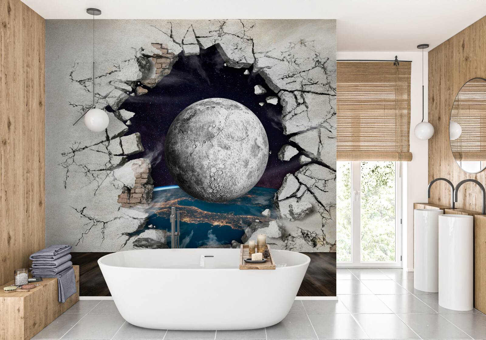Papier peint mur blanc séparé par la lune