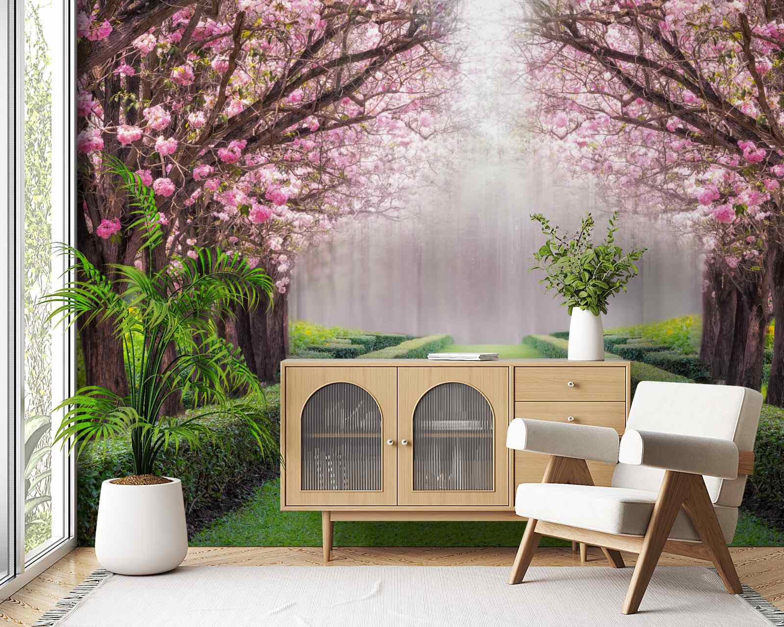 Papier peint Avenue soignée avec de la verdure et des cerisiers en fleurs