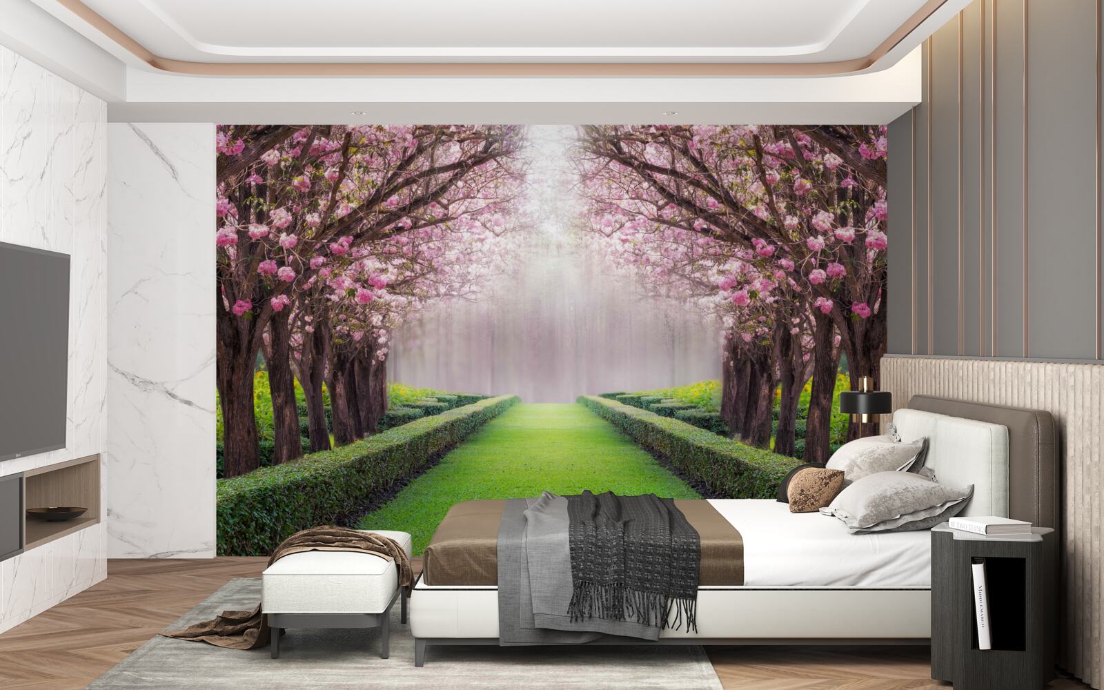 Papier peint Avenue soignée avec de la verdure et des cerisiers en fleurs