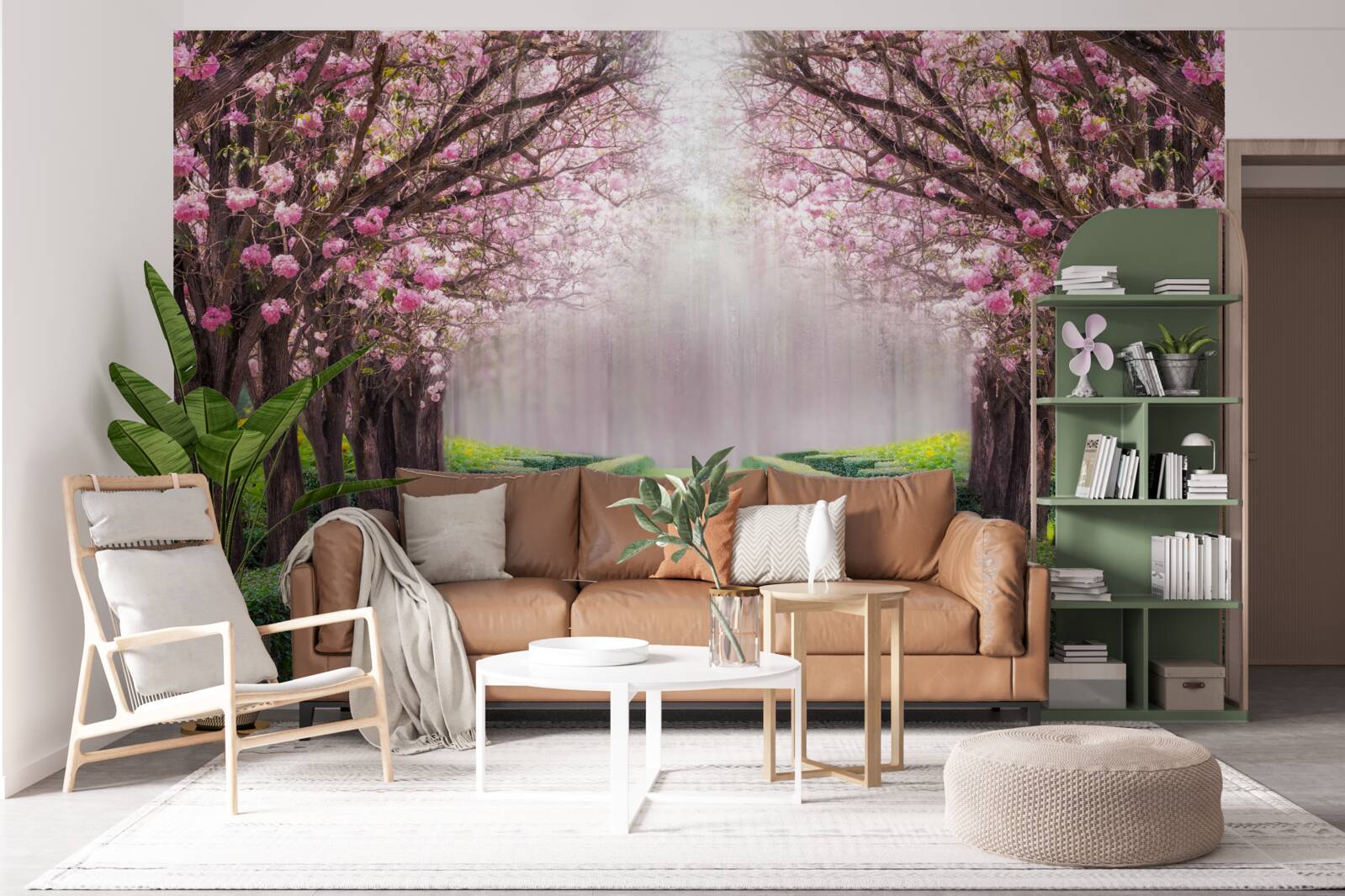 Papier peint Avenue soignée avec de la verdure et des cerisiers en fleurs