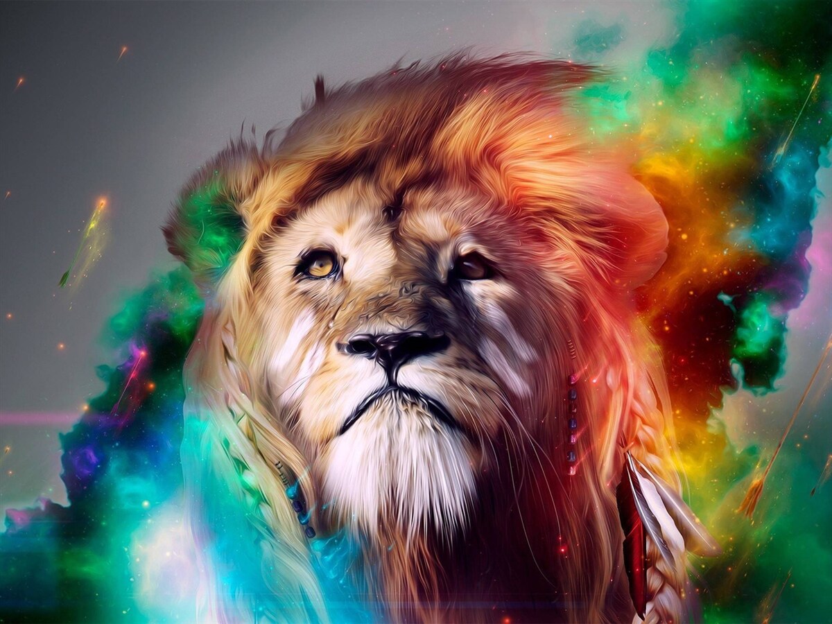 Papier peint abstrait avec un lion aux couleurs vives et sa crinière remarquable