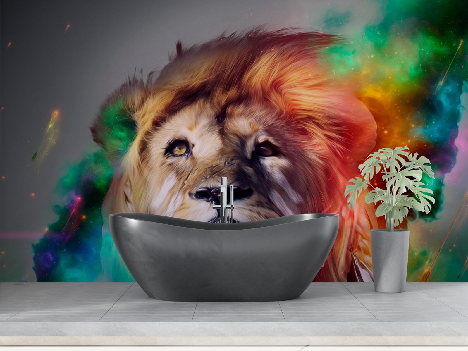 Papier peint abstrait avec un lion aux couleurs vives et sa crinière remarquable