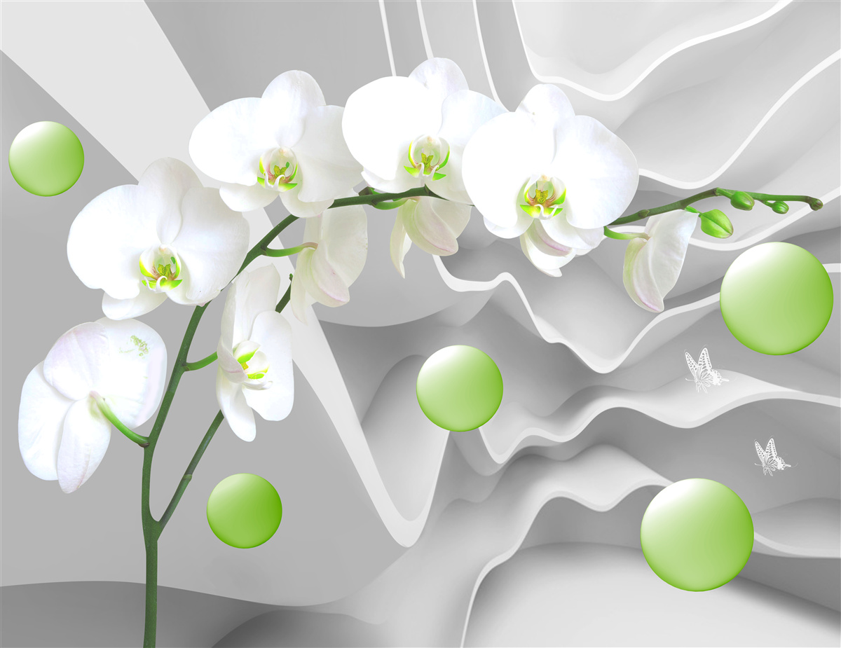 Papier peint secrètement des boules vertes flottantes et une orchidée pâle