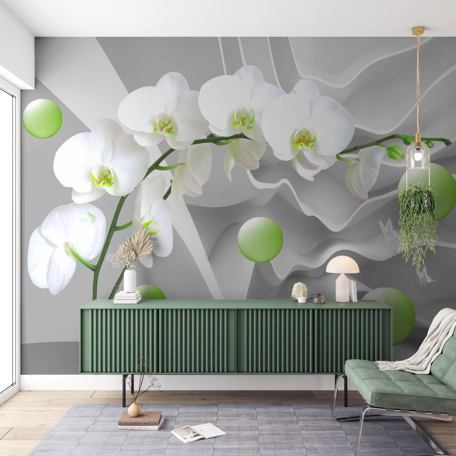 Papier peint secrètement des boules vertes flottantes et une orchidée pâle