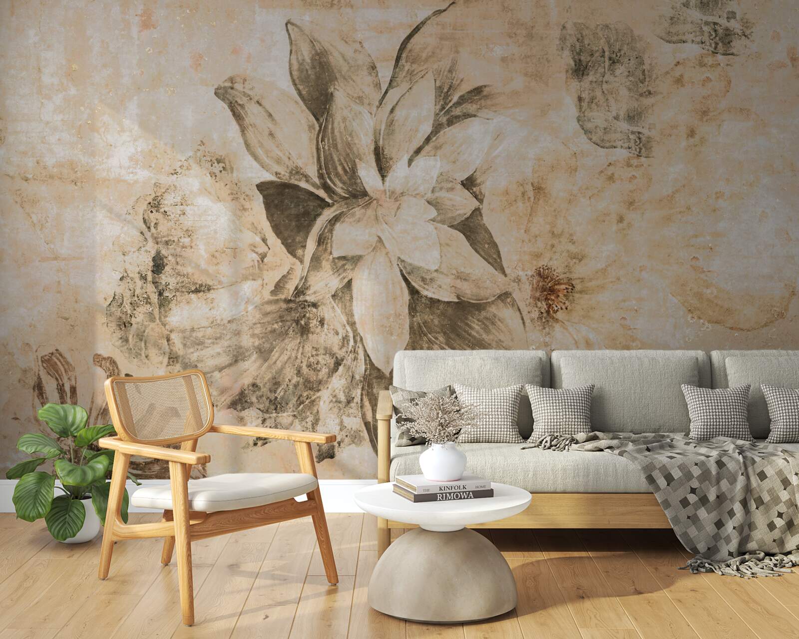 Papier peint fleurs finement texturées sur fond brun