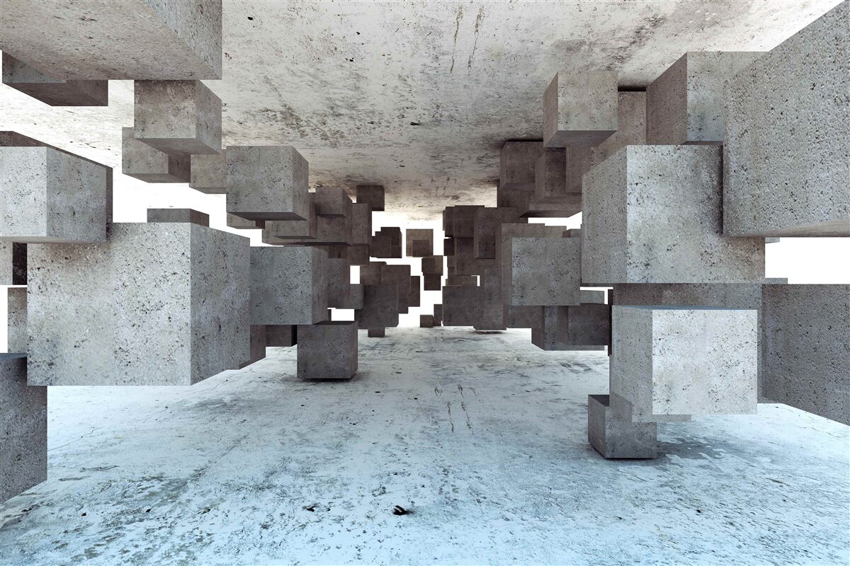 Papier peint des cubes gris lévitent doucement dans le tunnel et s'éloignent au loin
