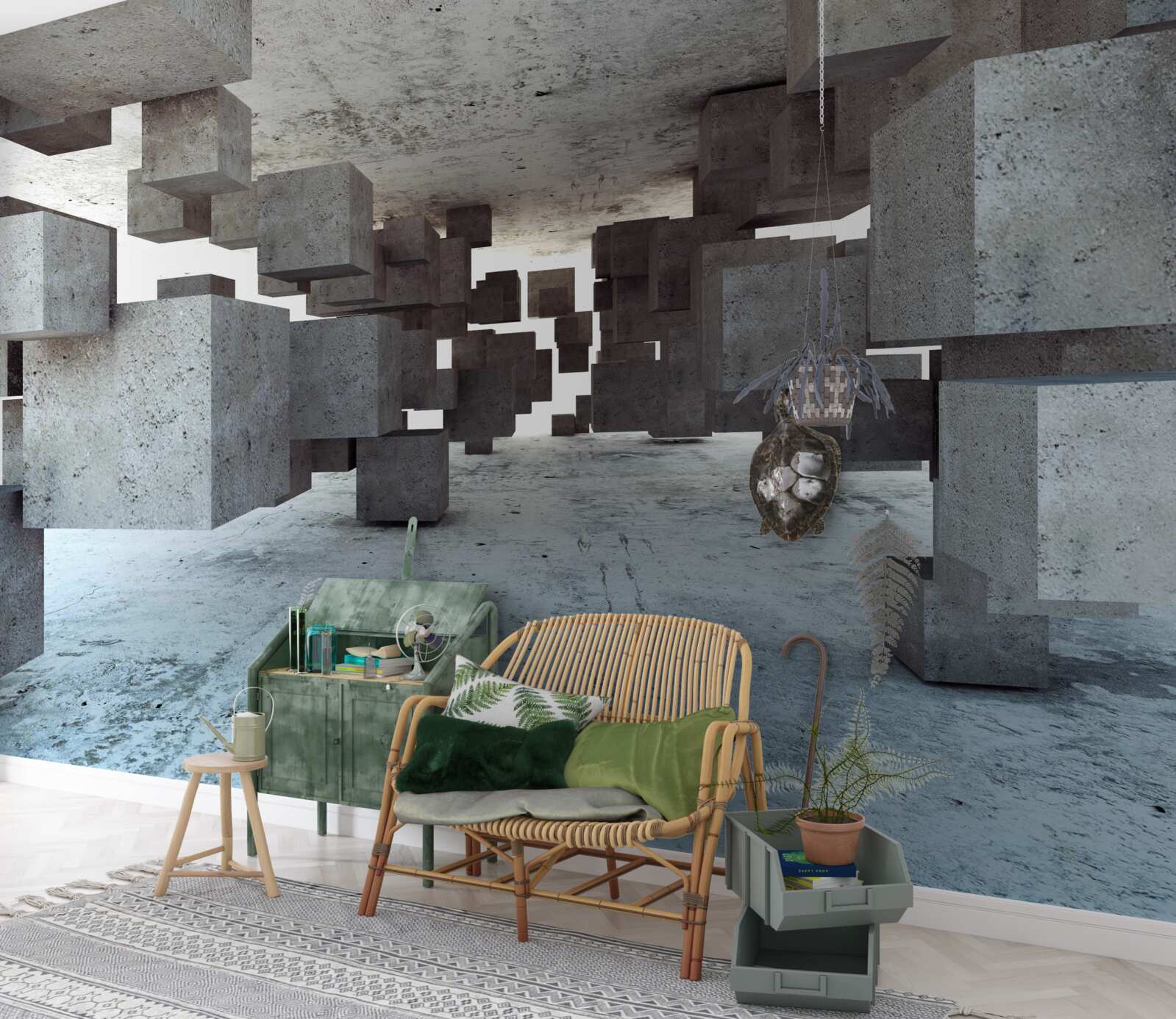 Papier peint des cubes gris lévitent doucement dans le tunnel et s'éloignent au loin