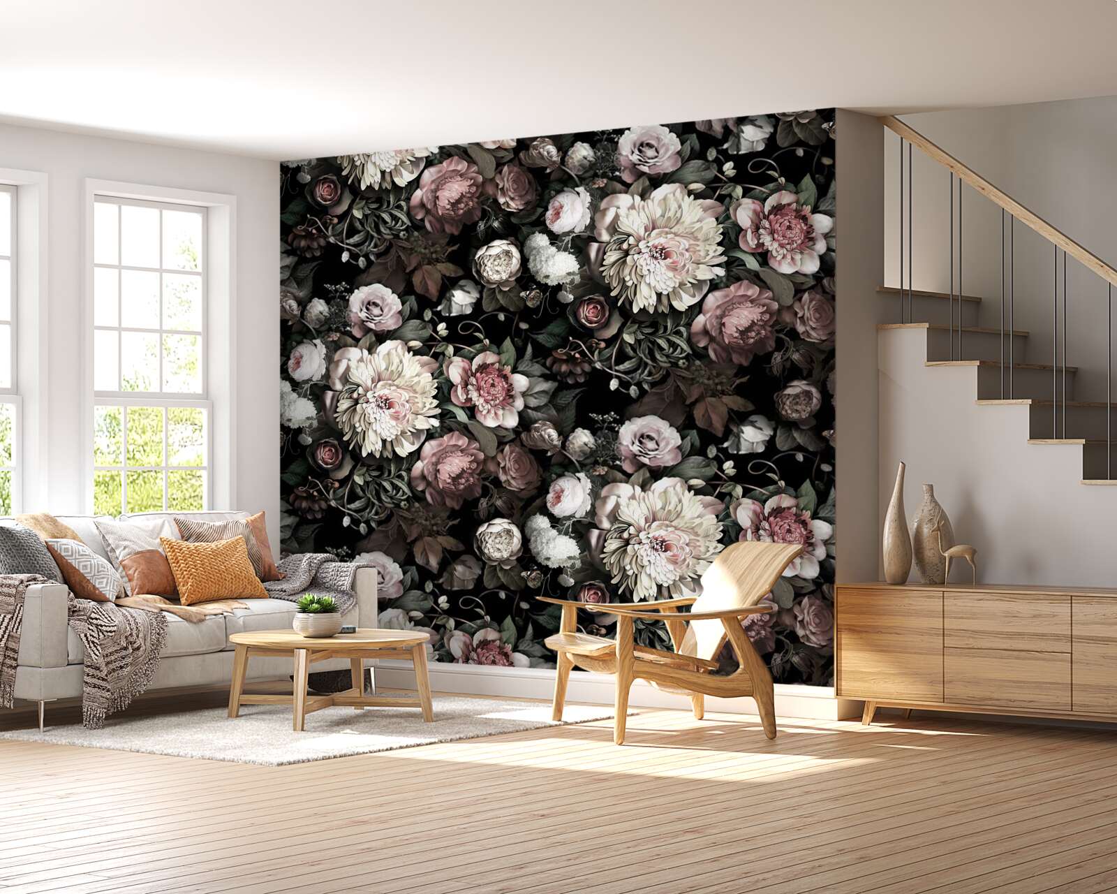 Papier peint compositions esthétiques de fleurs variées dans des tons sombres
