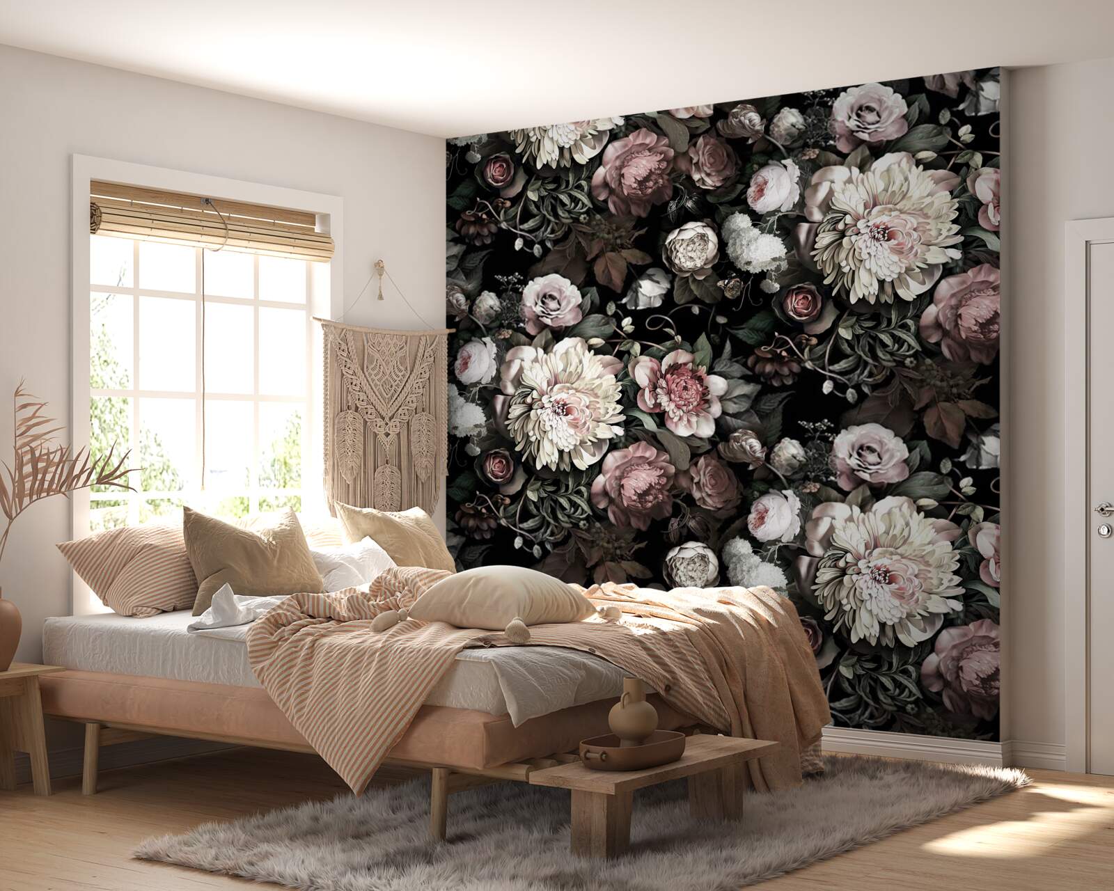 Papier peint compositions esthétiques de fleurs variées dans des tons sombres