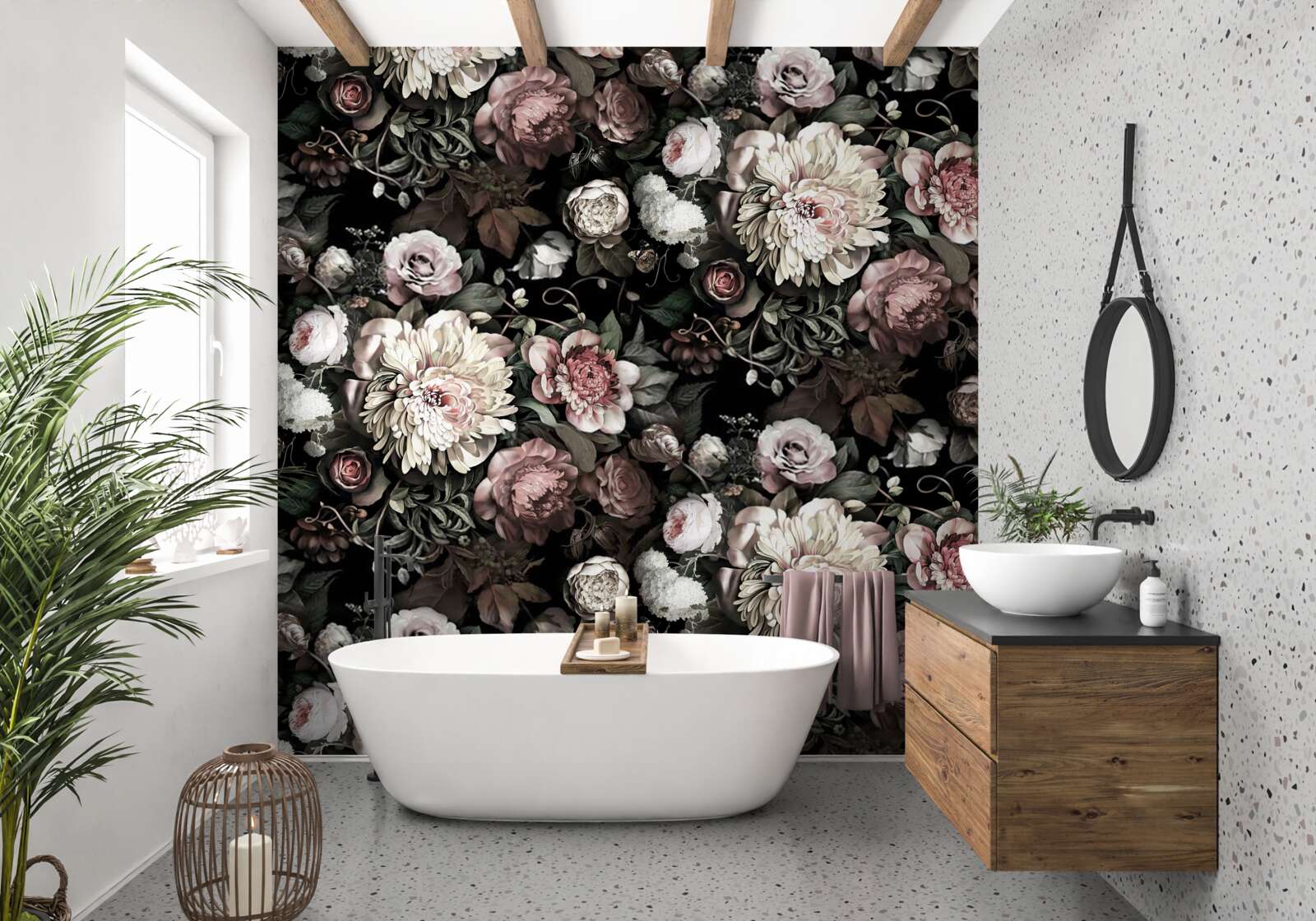 Papier peint compositions esthétiques de fleurs variées dans des tons sombres