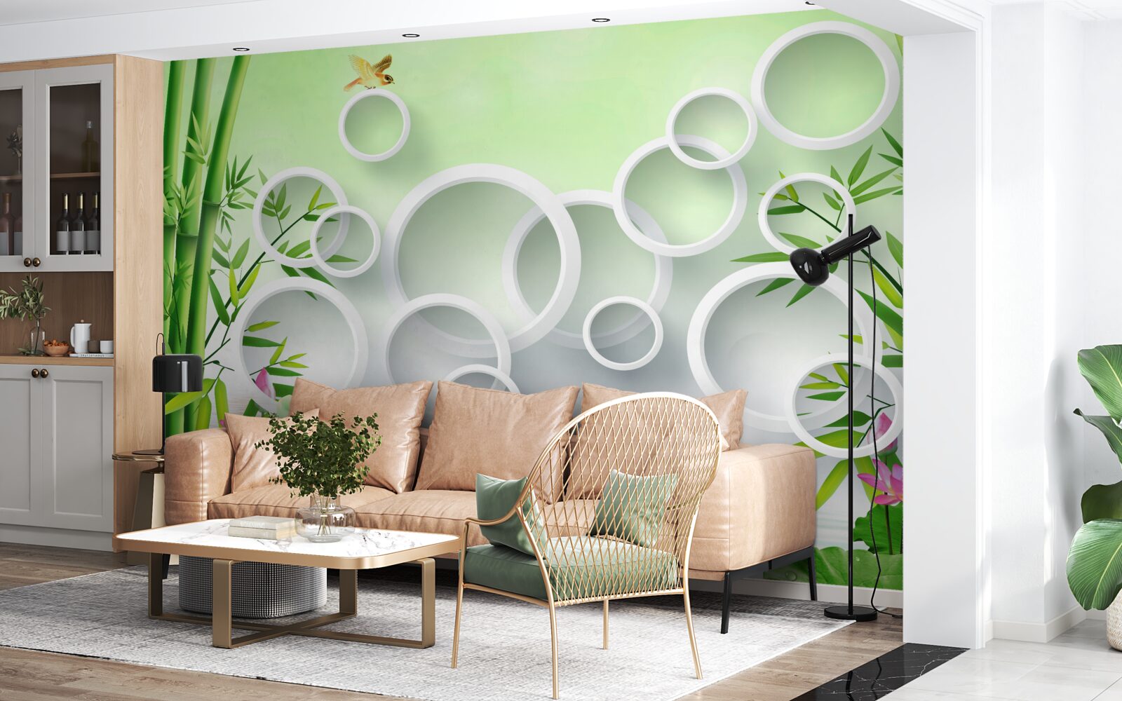 Papier peint bambou vert fin et cercles blancs