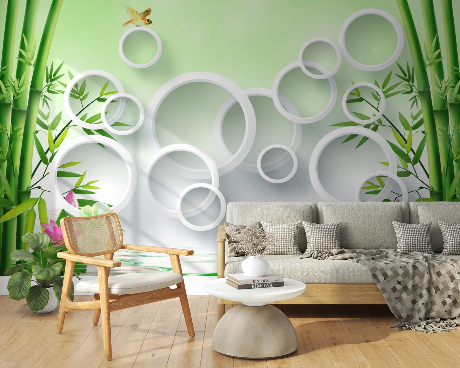 Papier peint bambou vert fin et cercles blancs