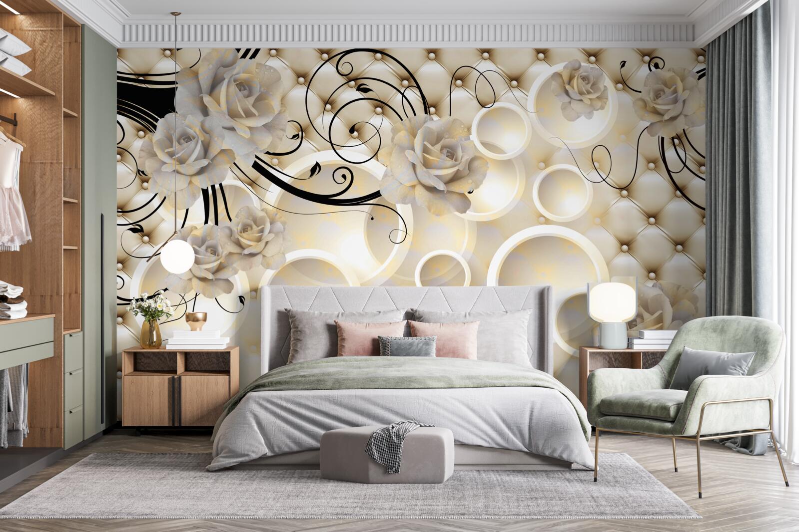 Papier peint cercles abstraits et tissus à motifs floraux