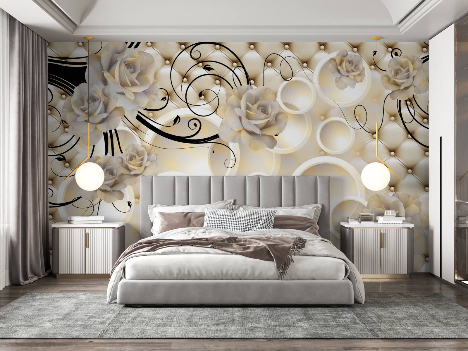 Papier peint cercles abstraits et tissus à motifs floraux
