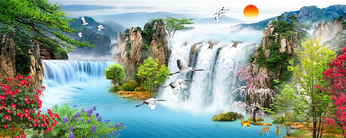 Papier peint sur fond vert, le coucher de soleil illumine les belles chutes d'eau