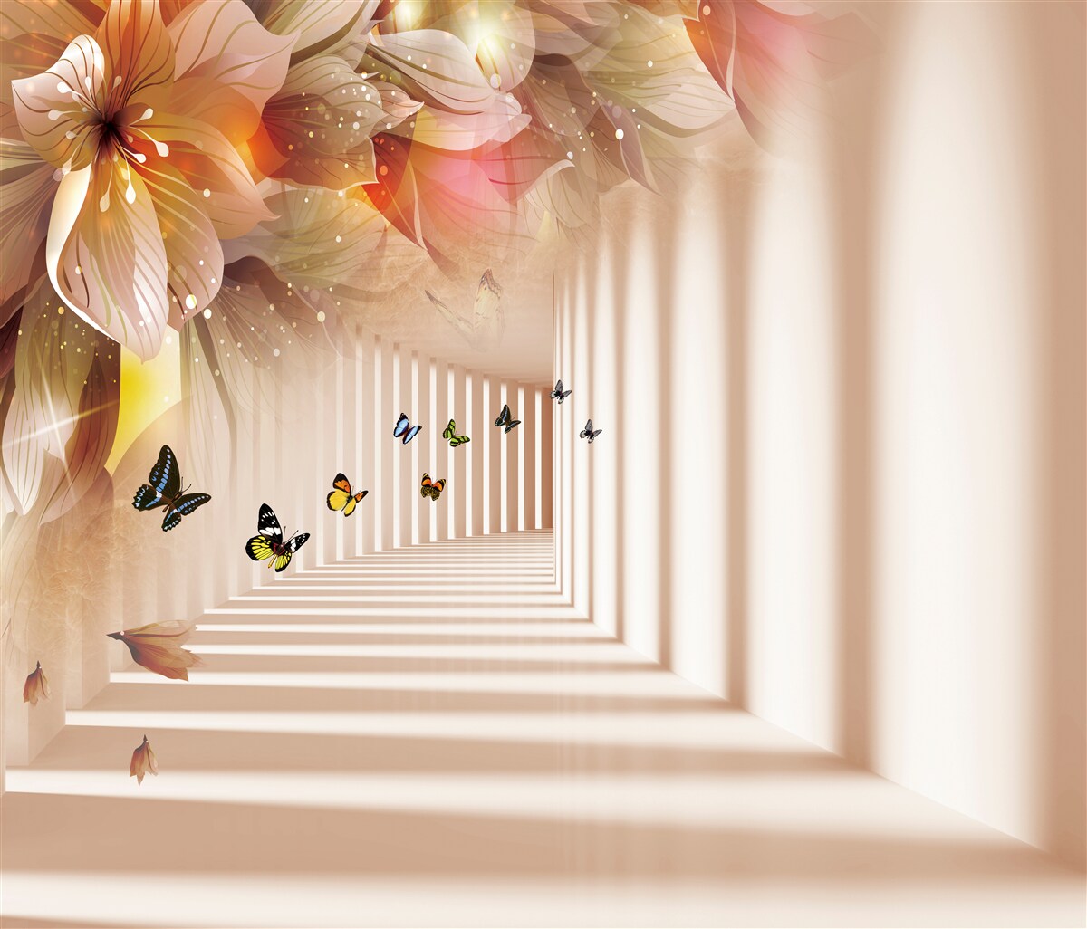 Papier peint les papillons quittent les fleurs fraîches et se dirigent vers le tunnel