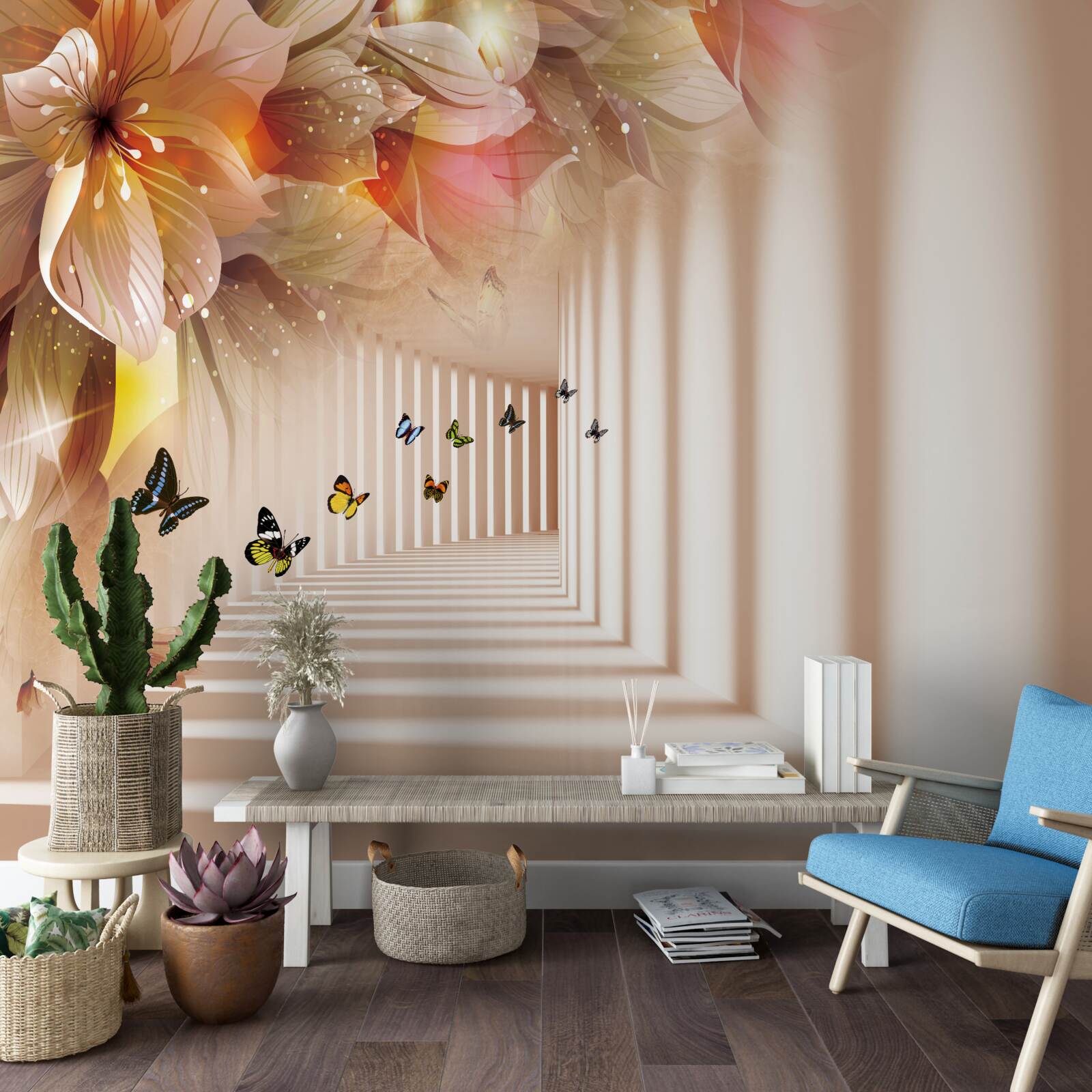 Papier peint les papillons quittent les fleurs fraîches et se dirigent vers le tunnel