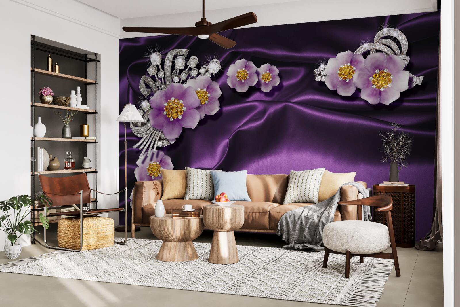 Papier peint Fleurs lilas sur soie foncée avec accents argentés