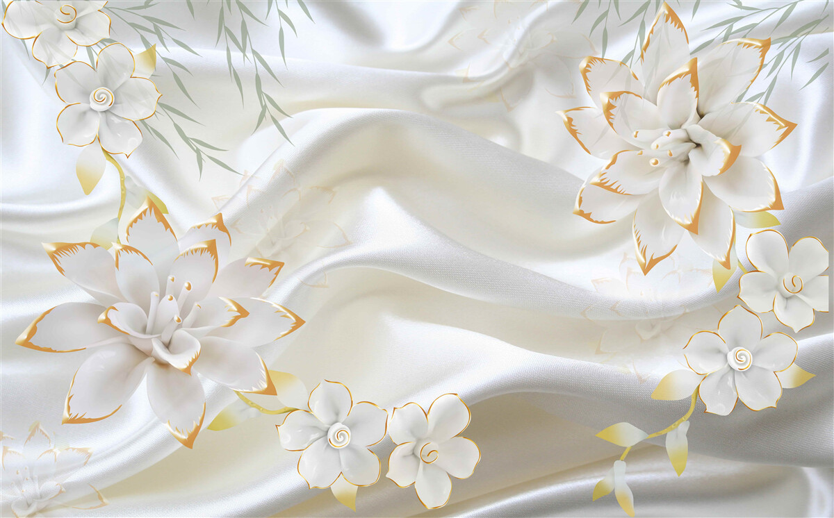 Papier peint motifs et fleurs en or sur soie blanche