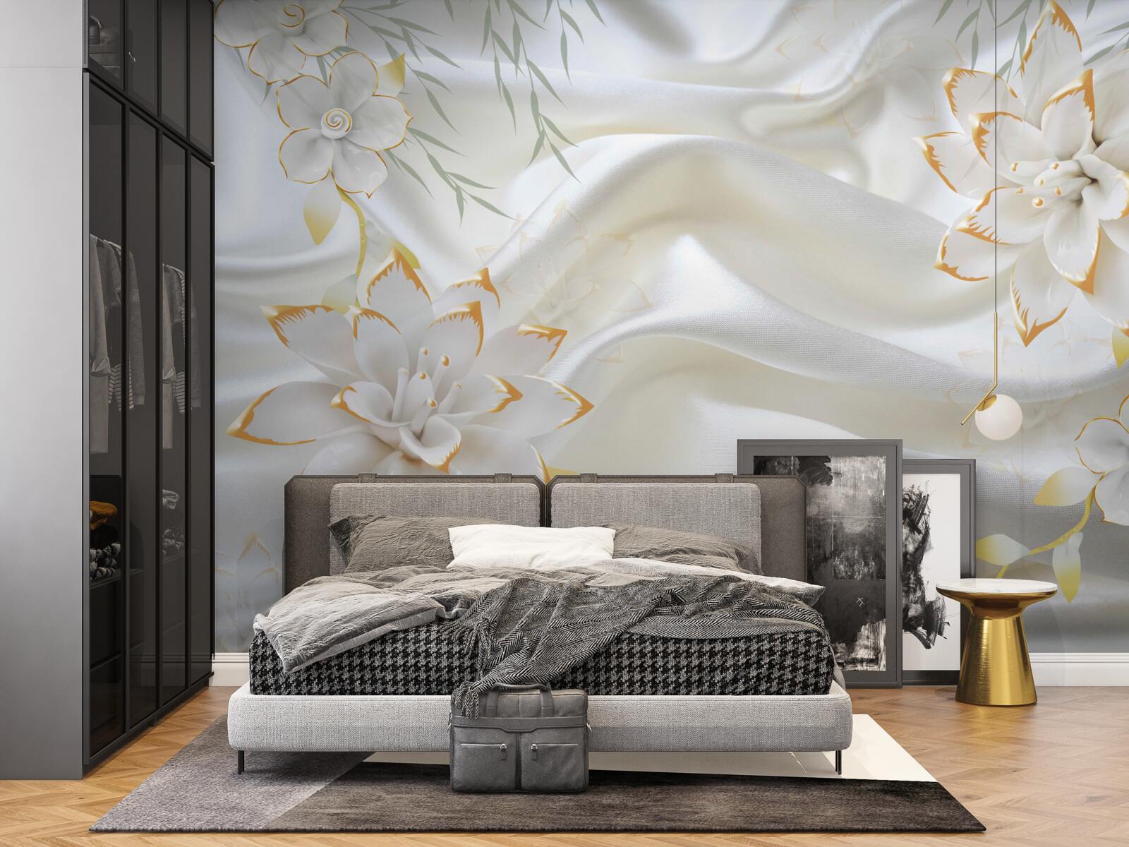 Papier peint motifs et fleurs en or sur soie blanche