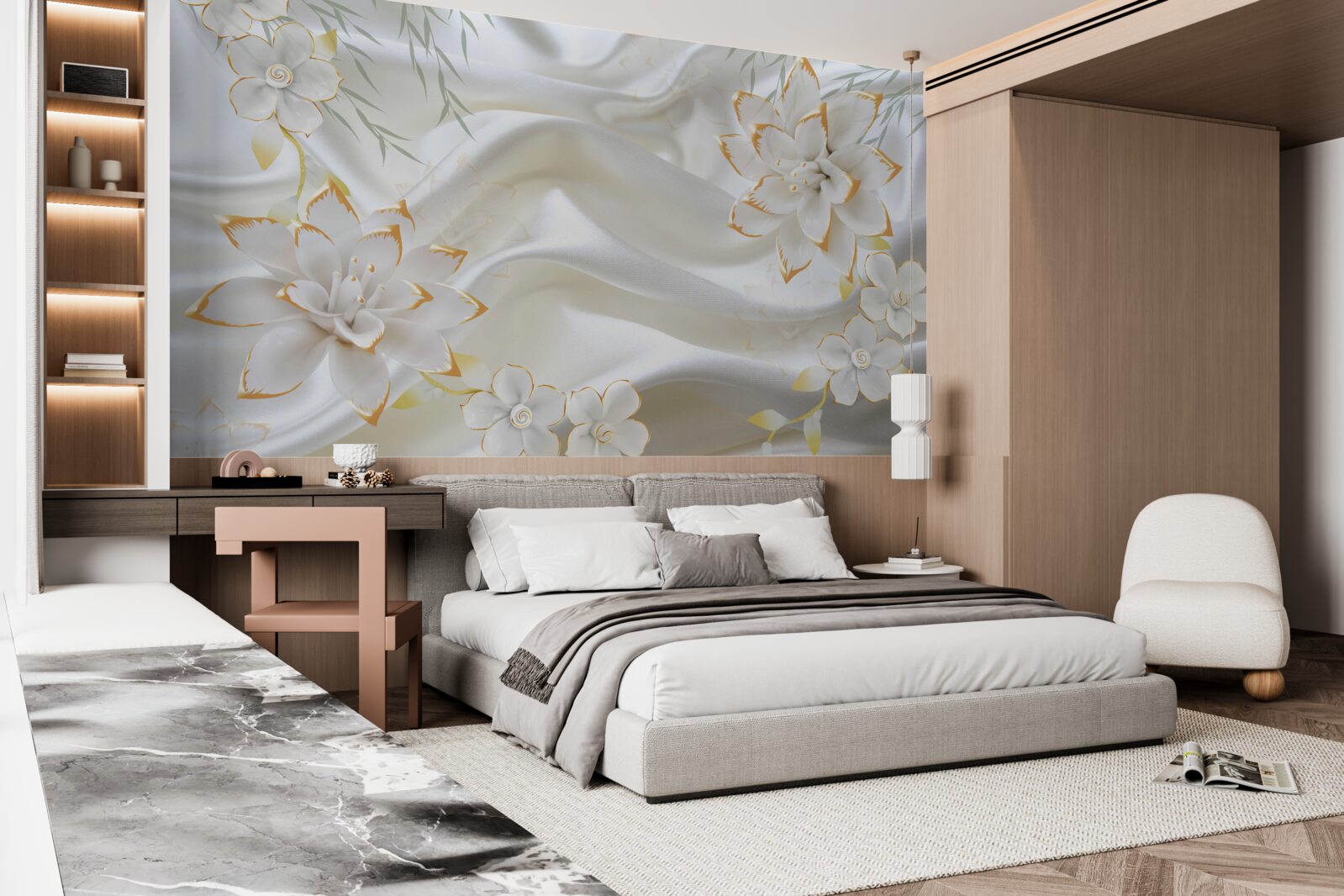 Papier peint motifs et fleurs en or sur soie blanche