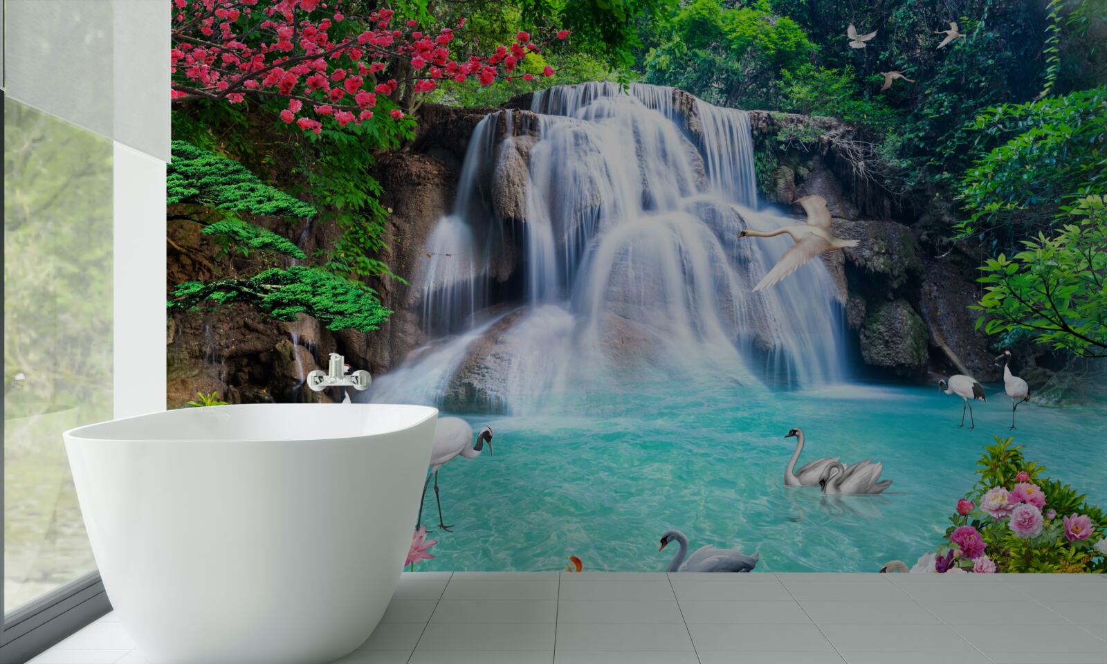 Papier peint cascade bruyante et cygnes dans l'eau bleue