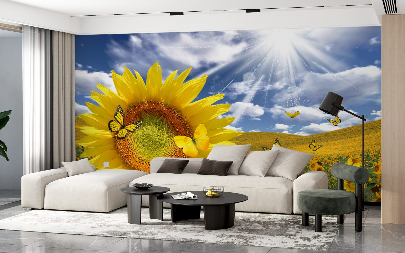 Papier peint des papillons dorés flottent dans le ciel bleu au-dessus d'un champ de tournesols
