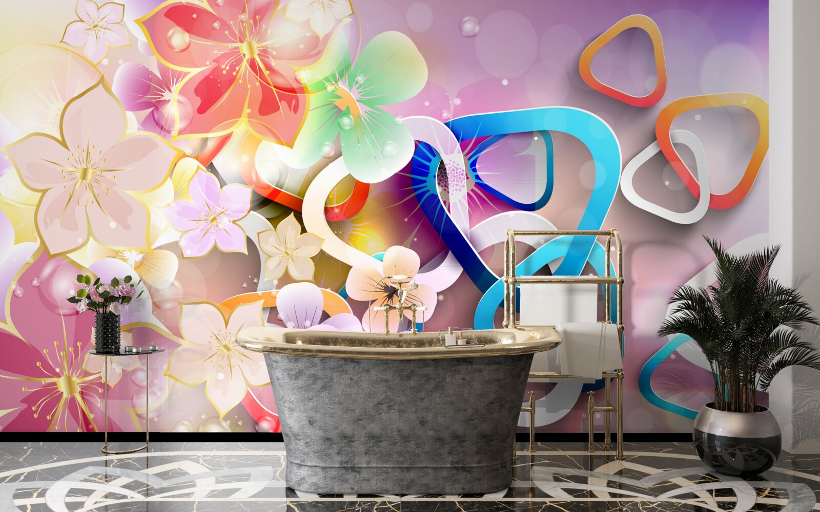 Papier peint des fleurs aux couleurs et aux motifs riches avec des accents dorés