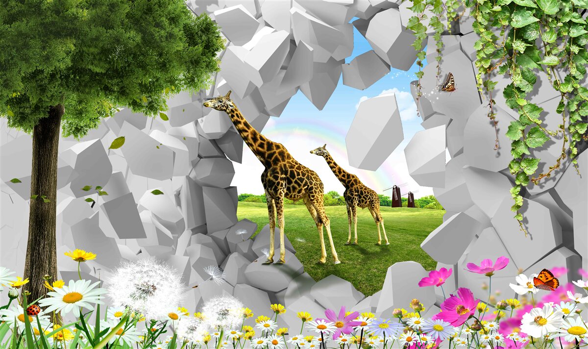 Papier peint Les girafes franchissent la barrière en direction de l'arbre.