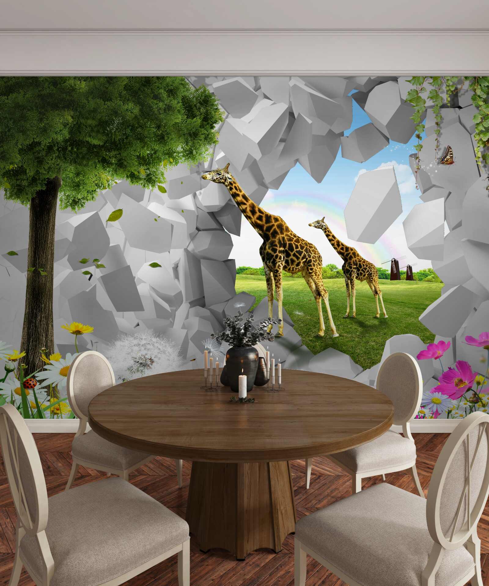 Papier peint Les girafes franchissent la barrière en direction de l'arbre.